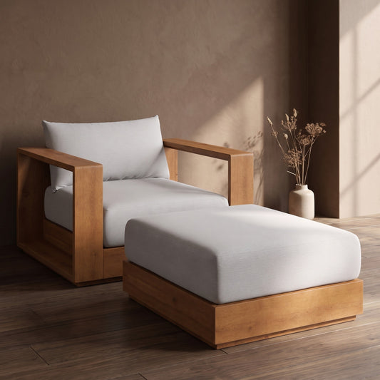 Tahoe 2-Piece Outdoor Patio Acacia Wood Armchair and Ottoman Set, Acacia wood structure, white cushions, no setting visible.