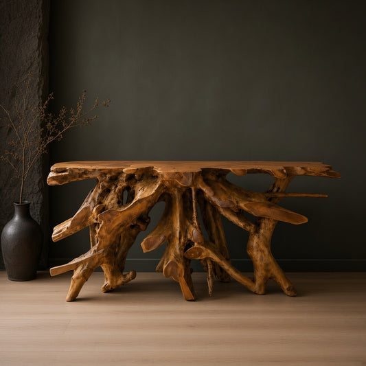 Teak console with natural roots and branches, light wood tone, wooden floor, dark background wall, vase with branches next to table.