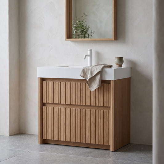 Tilley 30" Bathroom Vanity & Sink with a white top and striped plywood front in a minimalist setting