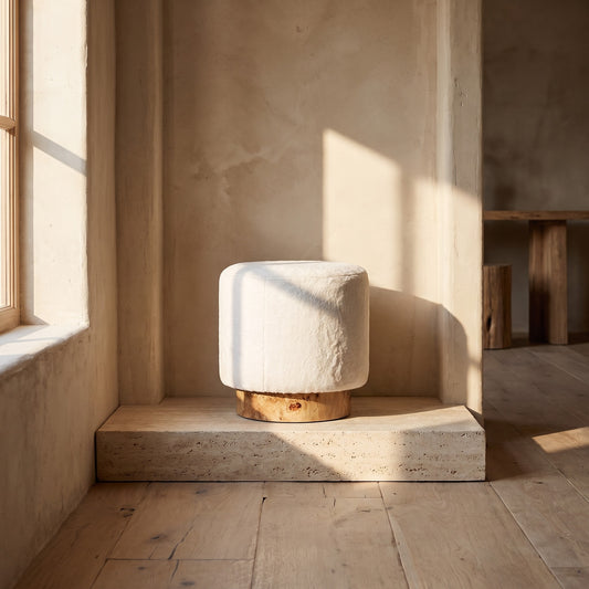 White textured pouf ottoman with wooden base in corner of sunlit room.