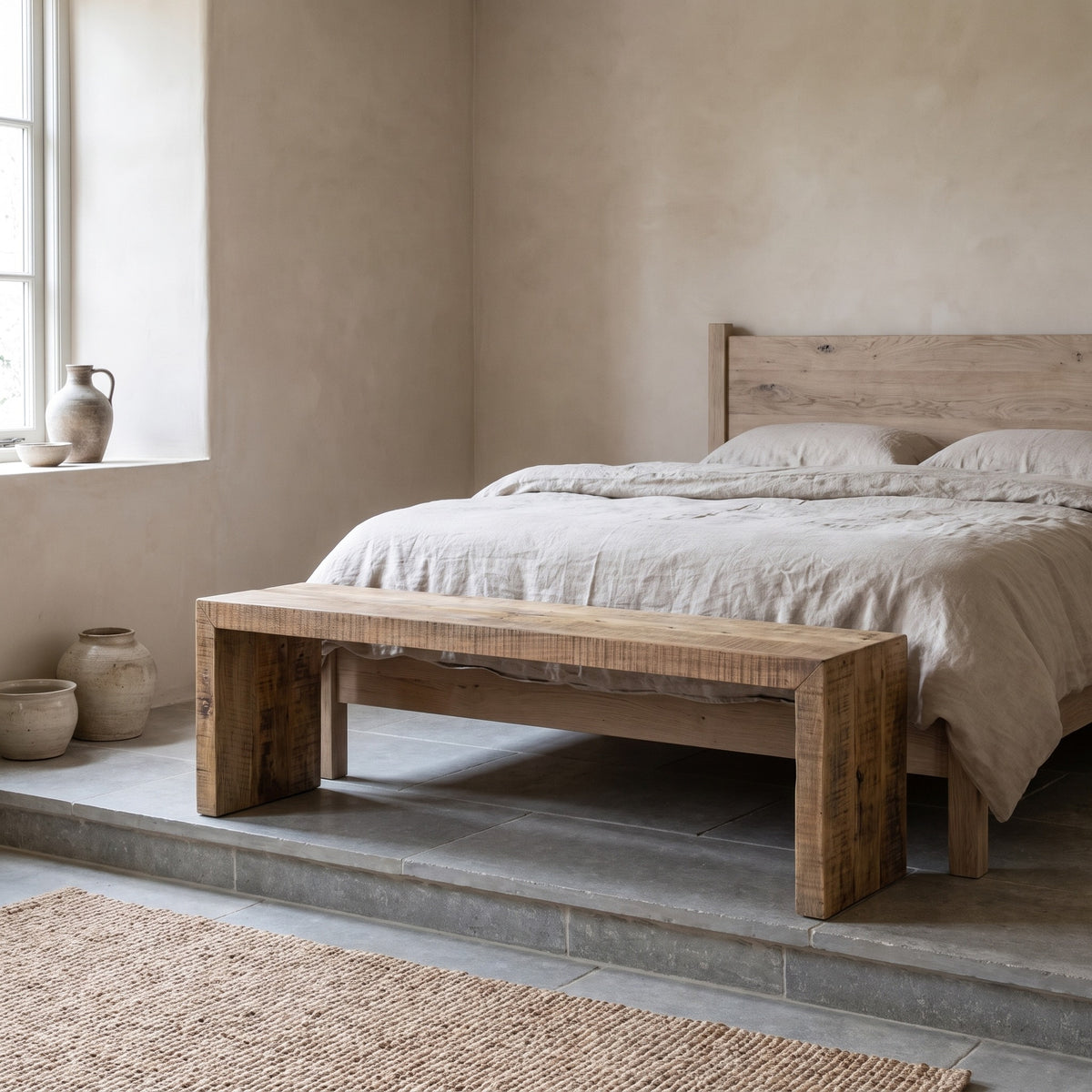 Reclaimed wood bench in a minimalist bedroom with subdued tones.