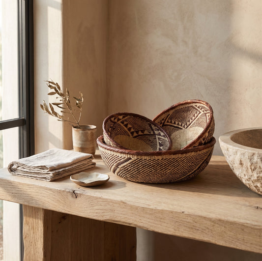 Handwoven Tonga Basket Bowls with geometric patterns and natural tones, displayed on a rustic wooden shelf.