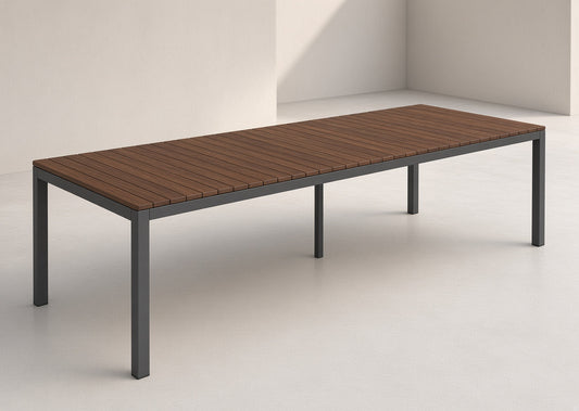 Dark teak and aluminum extendable table with a clean minimalist design.