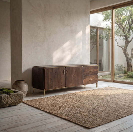 A wooden sideboard with brass legs and drawer handles, placed in a serene indoor space with a large window, a jute rug, and a vase of rocks.