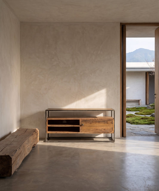 Wooden sideboard with metal frame in minimalist room, natural lighting, concrete floors