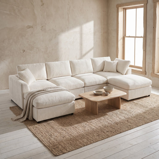 Beige modular sectional sofa with cream cushions and a wooden coffee table on a jute rug.