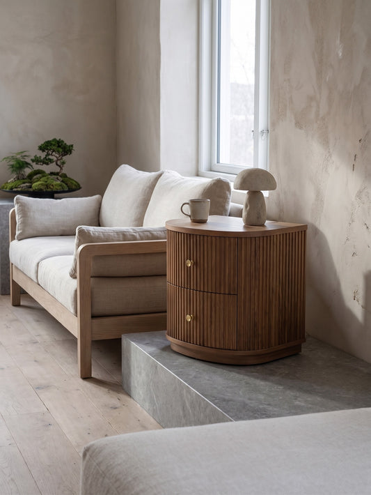 Upscale wabi-sabi side table with curved two drawers, wood finish, beige upholstery sofa, concrete floor, minimalist white wall, ceramic coffee cup, bonsai