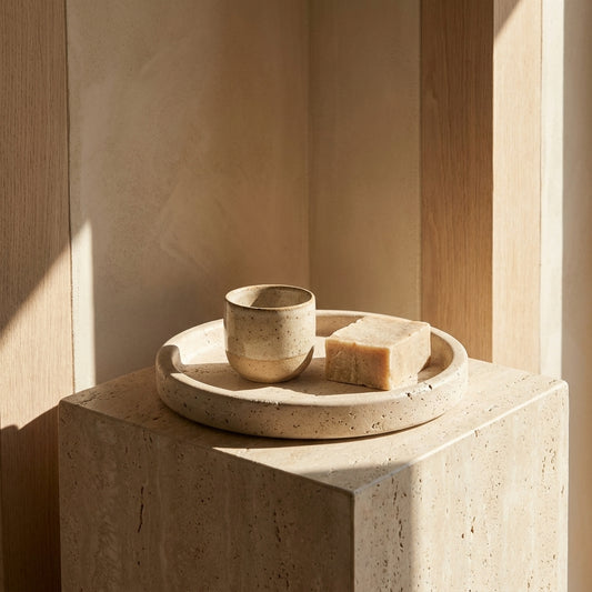 Round stone tray on travertine pedestal with small cup and soap in minimal wood-paneled setting
