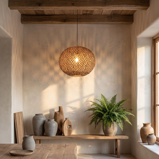 A natural jute pendant light hangs from a wooden beam over a bench with various vases and a potted fern.