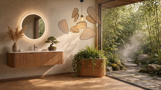Wabi-Sabi Rattan Chandelier, natural woven finish, beige, in modern bathroom with lush outdoor greenery visible through open door.