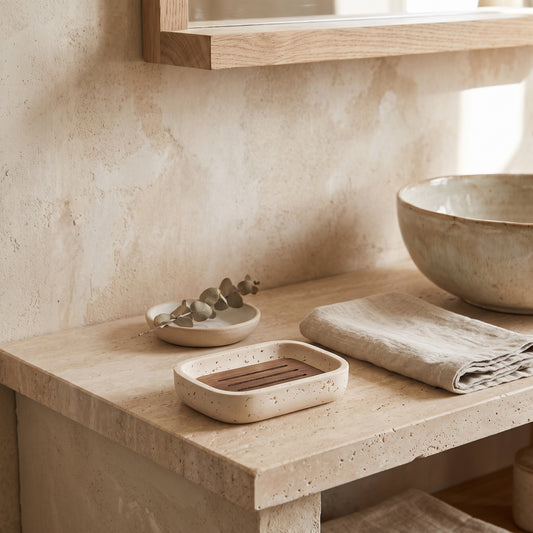 Rectangular off-white sand-stone textured soap dish with a walnut partition inside, displayed on a natural stone bathroom counter