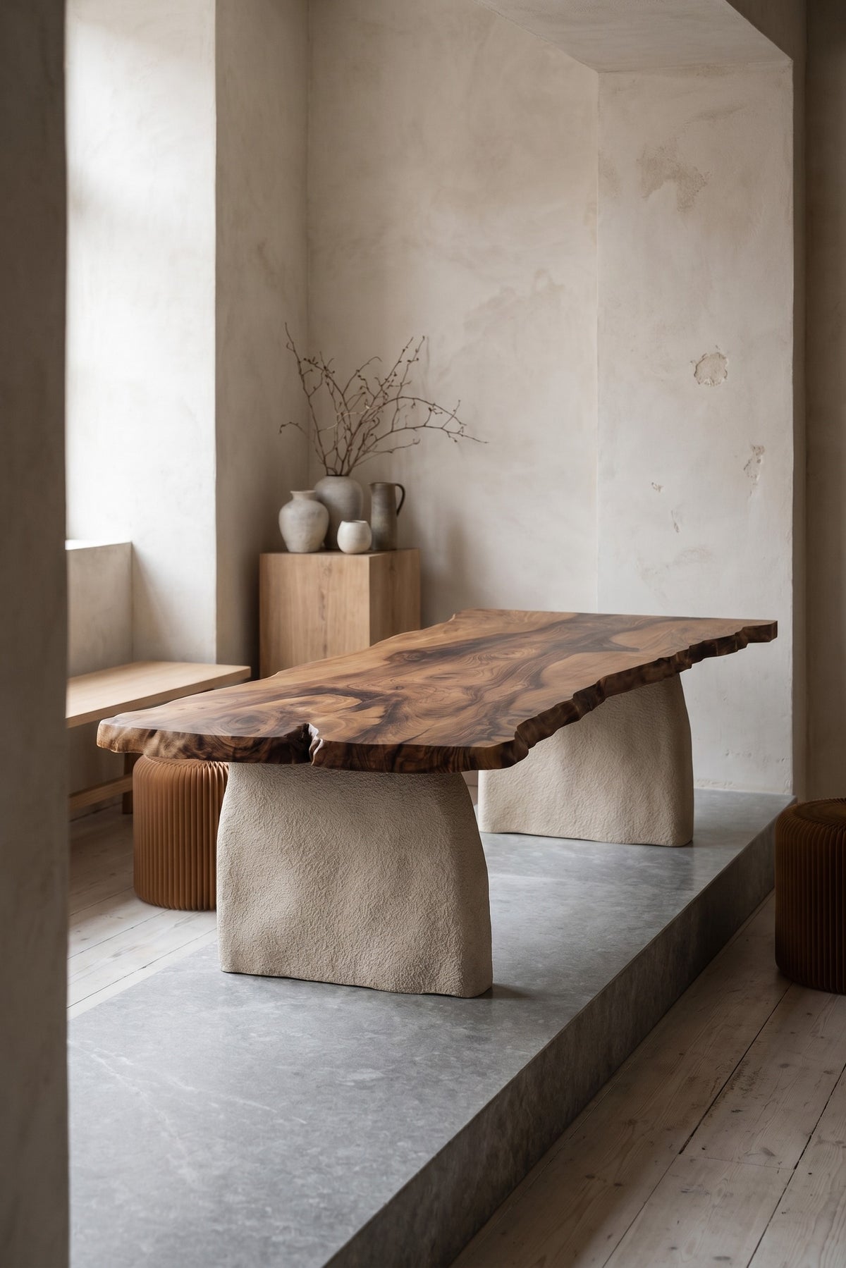 Wabi Sabi Style Luxury Solid Wood Walnut Table with Stone Inspired Legs