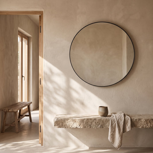 A wall circular framed vanity mirror with a black frame hangs on a textured wall in a minimalist room. A wooden bench and a window with sunlight casting shadows are visible in the background.