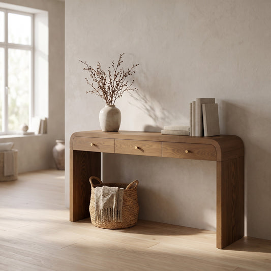 Walnut curved 3-drawer console table with a vase and books on top, placed against a light wall in a minimal room with natural light.