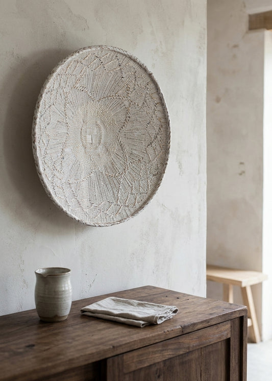 White washed handwoven wall basket with geometric pattern, displayed on a wall in a minimalistic room with wooden elements.