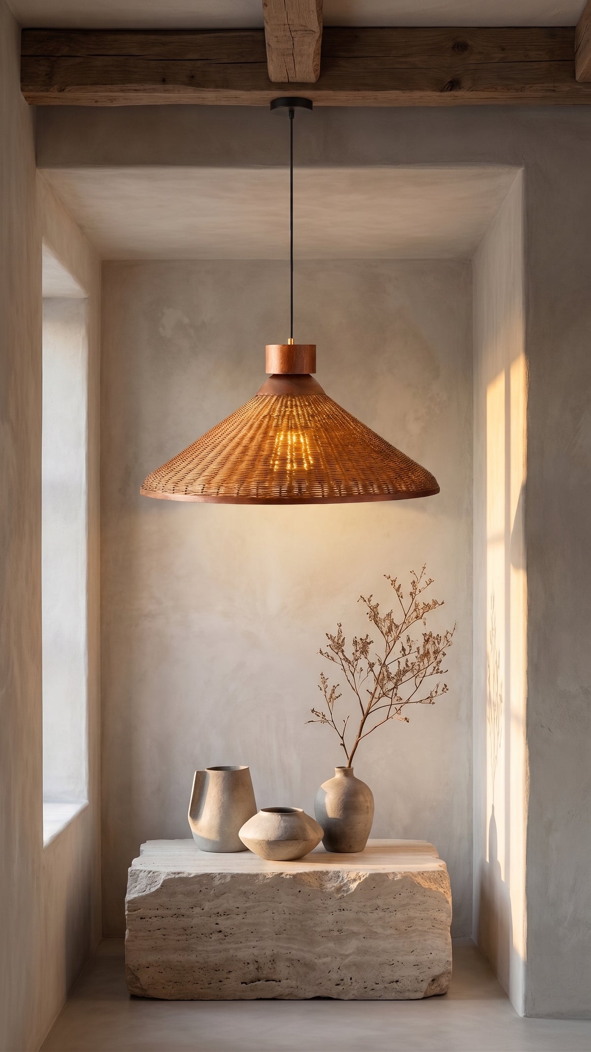 Wide Conical Rattan & Wood Pendant – Rustic Modern Statement Lamp