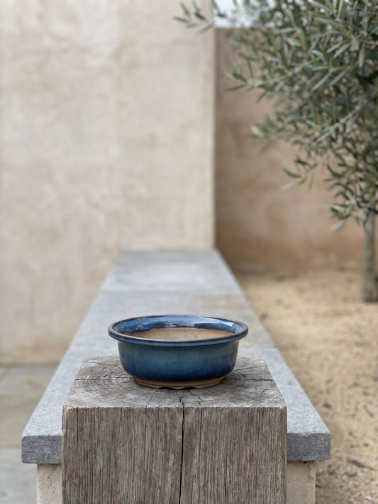 A round ceramic bonsai pot sits atop a wooden block, surrounded by an outdoor setting with stone walls and an olive tree branch.
