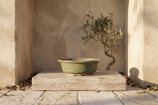 A round ceramic bonsai pot in a speckled moss color placed on a wooden block with branches in the background.
