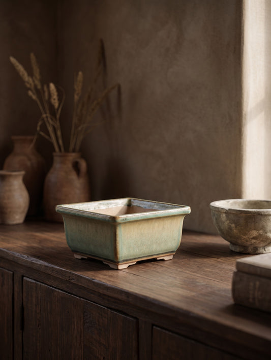 A square ceramic bonsai pot with speckled moss glaze, placed on a wooden sideboard in a wabi-sabi styled interior.