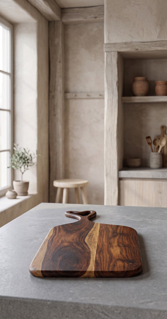 A wooden food cutting board with a handle placed on a kitchen counter. The board features a dark wood finish with visible grain patterns and lighter wood tones creating a unique two-tone effect. The background shows a minimalist kitchen setting with light-colored walls, a window with a potted plant, and a stool in the corner.