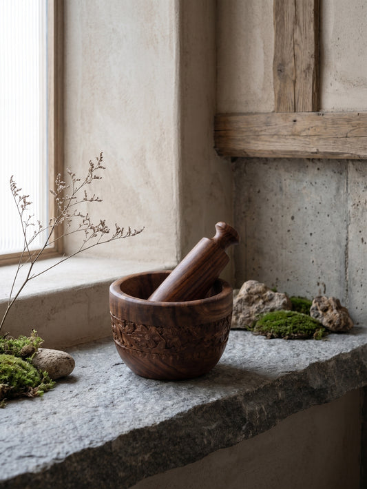 Carved wooden mortar and pestle on a window sill surrounded by greenery and rocks, textured concrete background.