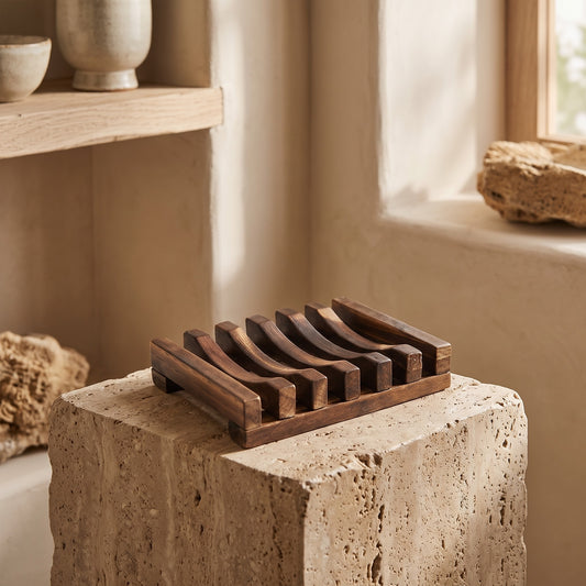 Wooden soap dish with horizontal slots, dark finish, displayed on concrete block, rustic style, natural light