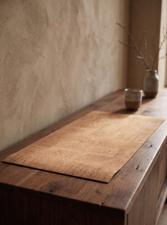Large cork desk mat on wooden desk, minimalist setting with vase and mug. Beige wall, natural light.