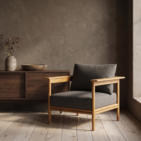 Wren Outdoor Patio Teak Wood Armchair by Modway with grey cushions, teak wood frame in a minimalistic room with an earth tone wall and wooden floor,