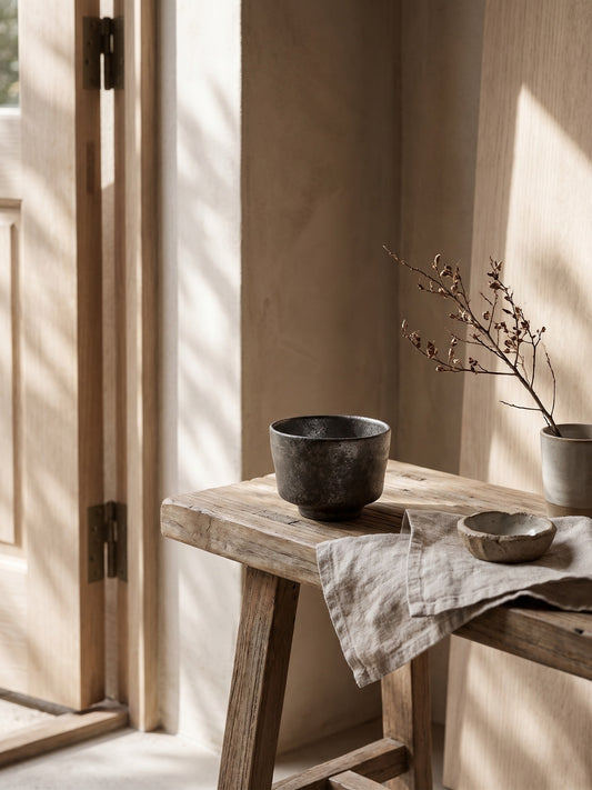 A wooden surface with a dark, textured bowl, a small lighter bowl, and textured fabric; wall and door background with minimal decor