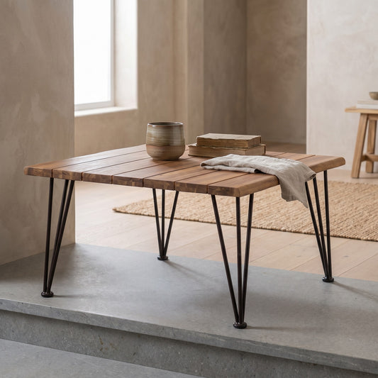 Wooden coffee table with metal hairpin legs, placed on a concrete ledge with a cup and napkin, in a minimalist setting.