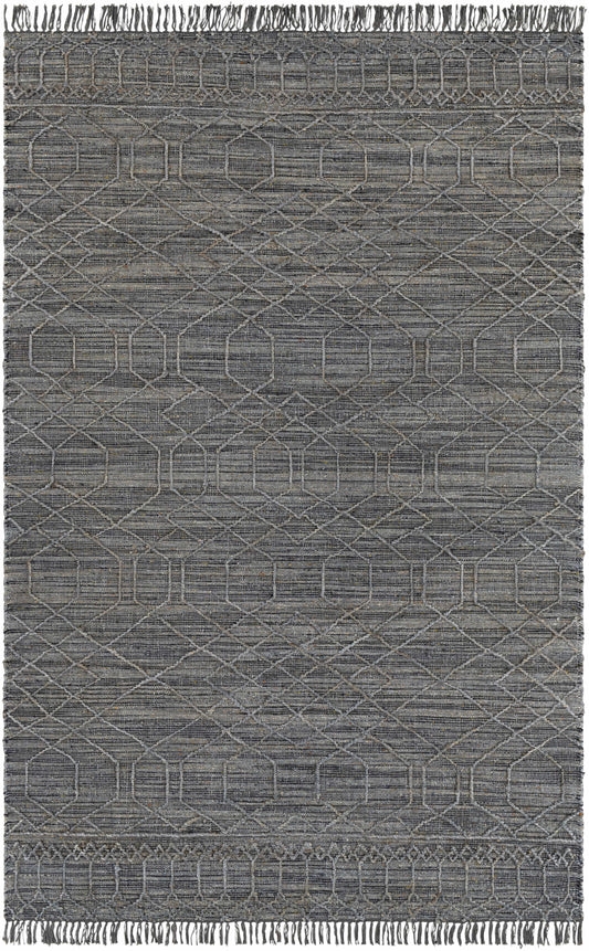 Manby Black Jute&Wool Area Rug with a diamond pattern and fringe.