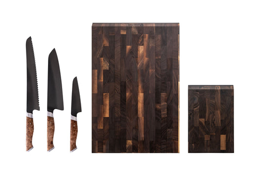 Signature Knife & Board Set: three wooden knives with patterned handles and a rectangular wooden cutting board with a geometric mosaic pattern