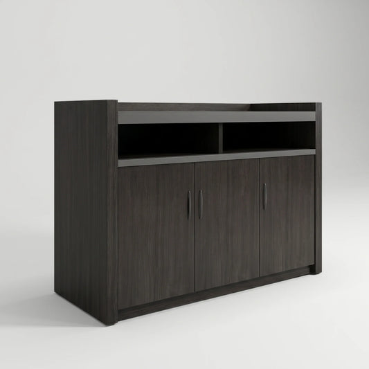 Wooden credenza cabinet sideboard with three doors and a top shelf, dark grey finish, minimalist setting.