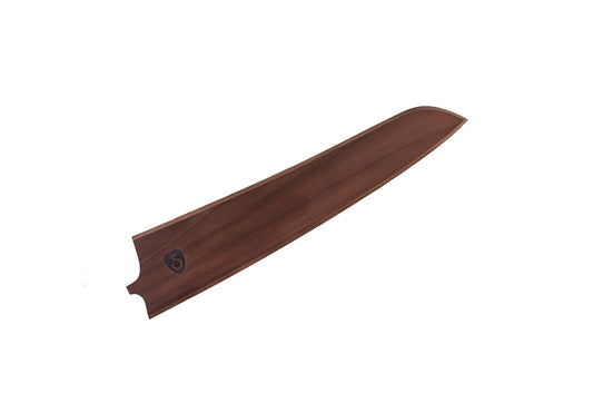 10" dark wood sheath with natural grain, logo on one side.