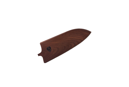 Wooden sheath with natural wood finish and small inscription, white background