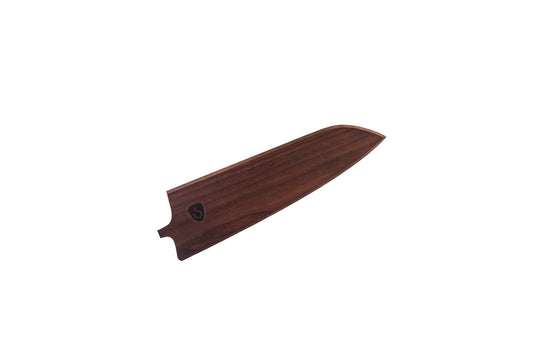 Wooden sheath with visible grain pattern and small letter 'S', brown.