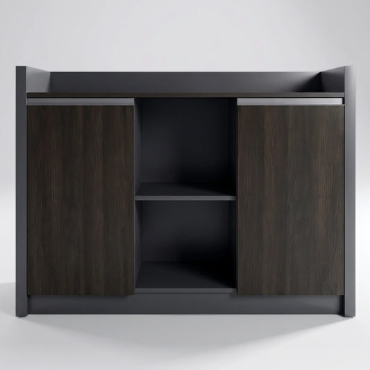 Minimalist office credenza Sideboard with wooden doors and black frame. Clean background.