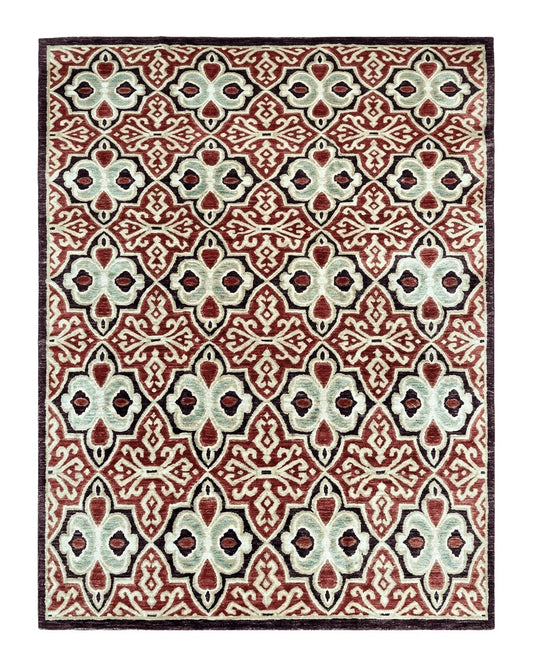 Vintage Portuguese 9x12 Rug with intricate red, beige and green diamond patterns.