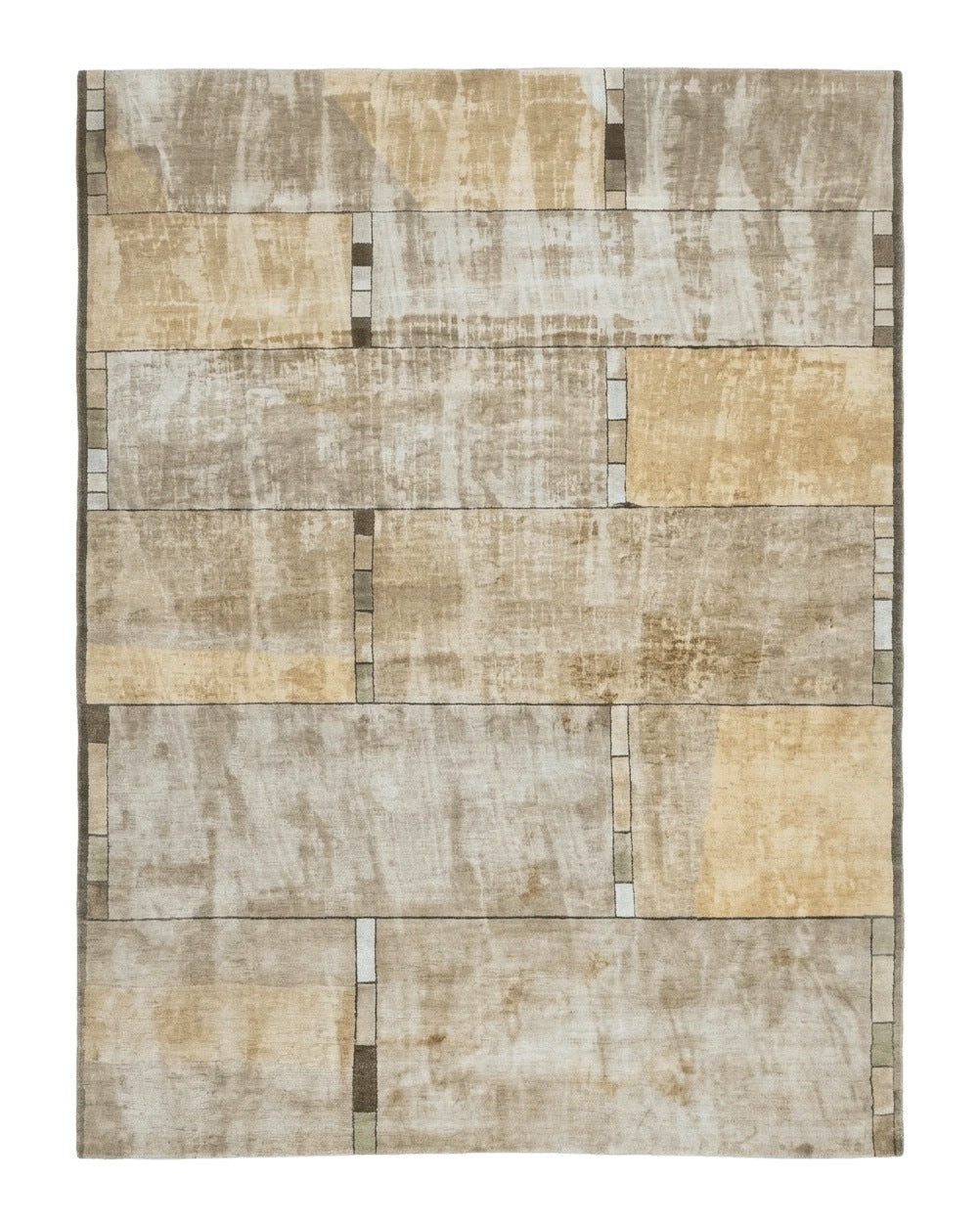 Vintage Wool Tibetan Rug Hand-Knotted Block Field, beige and soft yellow