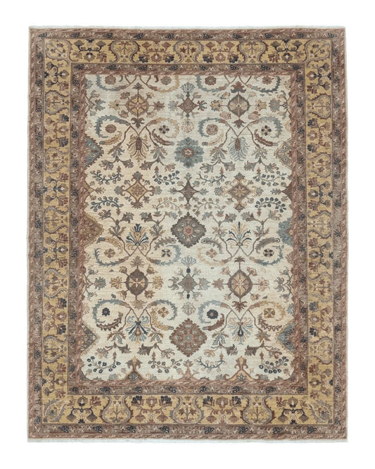 Wool rug with intricate floral and geometric patterns in oatmeal, brown, and blue colors, displayed flat.