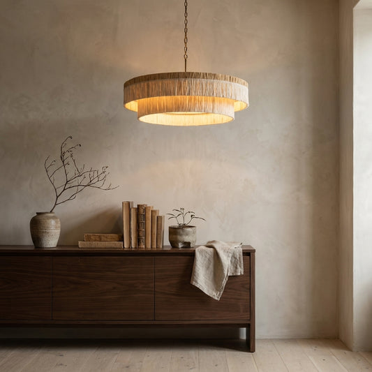 Tiered tassels raffia pendant light in chic cream, layered with light emitted. Dark wood sideboard holding books, vase, and plant decorates the space.