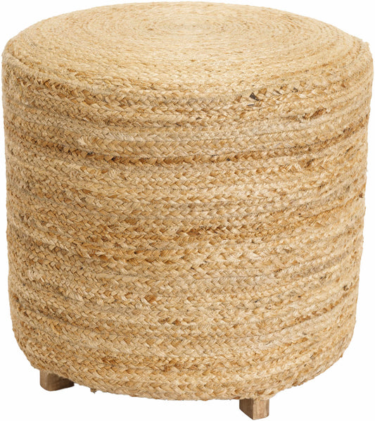 Circular woven pouf with four small wooden legs, neutral beige tones, plain background.