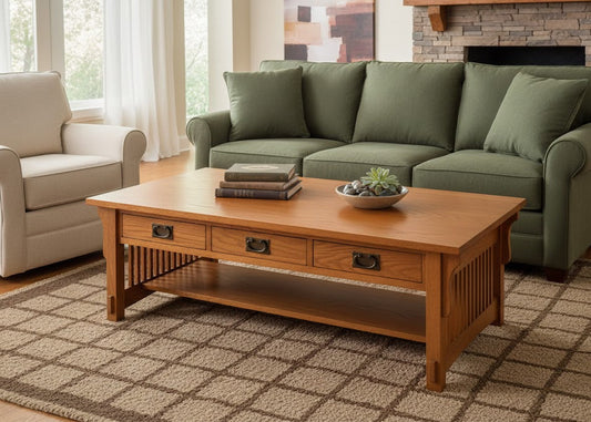 Mission-style coffee table with six drawers and books on top, light wooden finish, set in a living room with green couch and armchair.