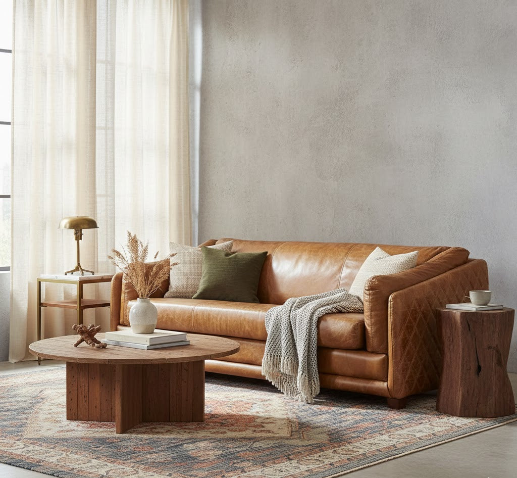 Top Grain Leather Sofa Quilted Outer Shell, light brown
