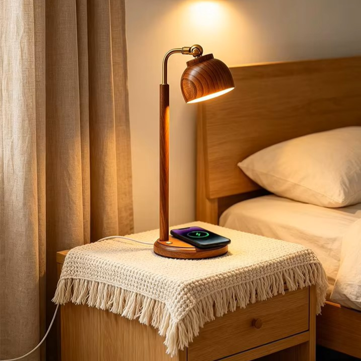 Wooden LED Desk Lamp with Wireless Charger | Multifunctional Bedside Light