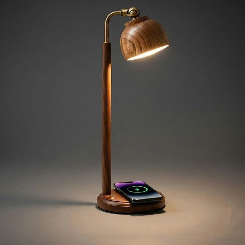 Wooden LED Desk Lamp with Wireless Charger | Multifunctional Bedside Light