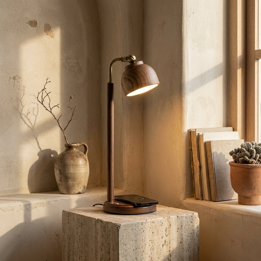Wooden LED Desk Lamp with Wireless Charger | Multifunctional Bedside Light