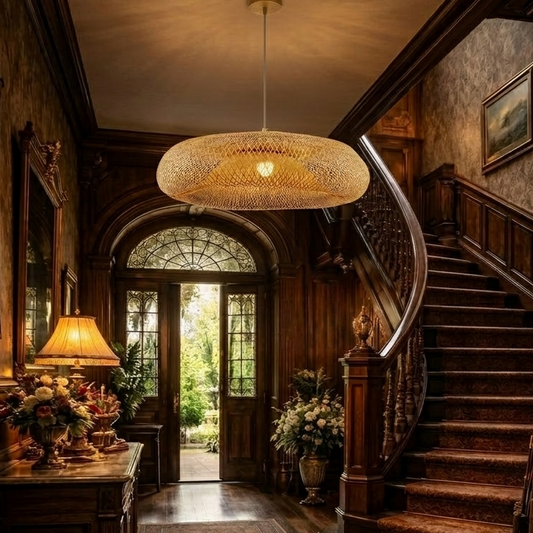 A wabi sabi interior with a large round bamboo pendant light hanging from the ceiling and floral arrangements on a side table beside a grand staircase.