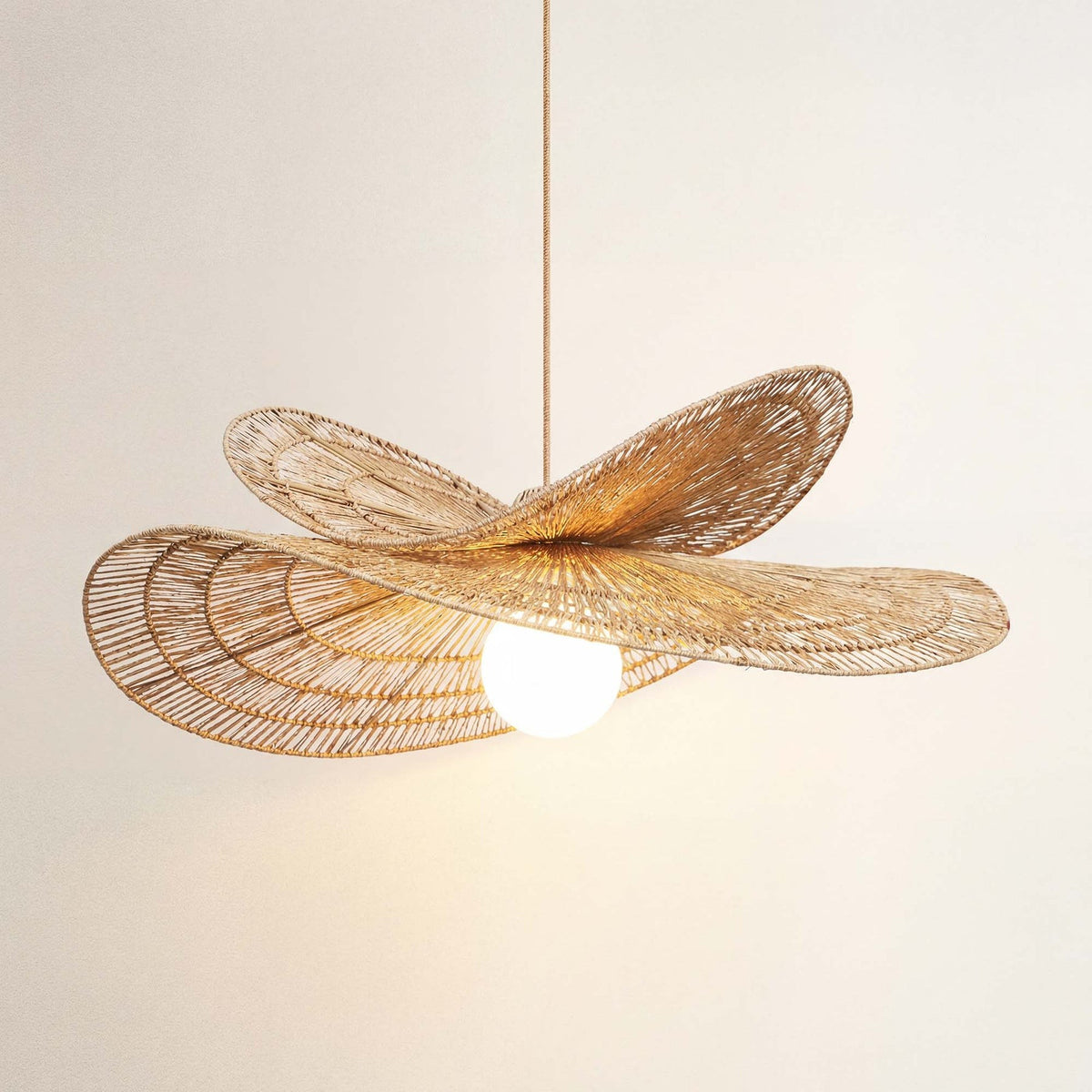 Woven Jute Pendant Light Petal Brim, light on