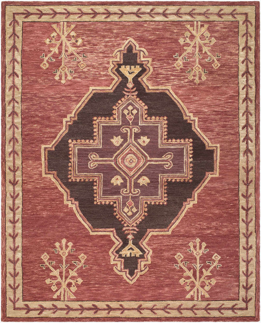 Mylahe Global Bohemian Handmade Area Rug with central design and symmetrical floral motifs in muted colors on a red background.